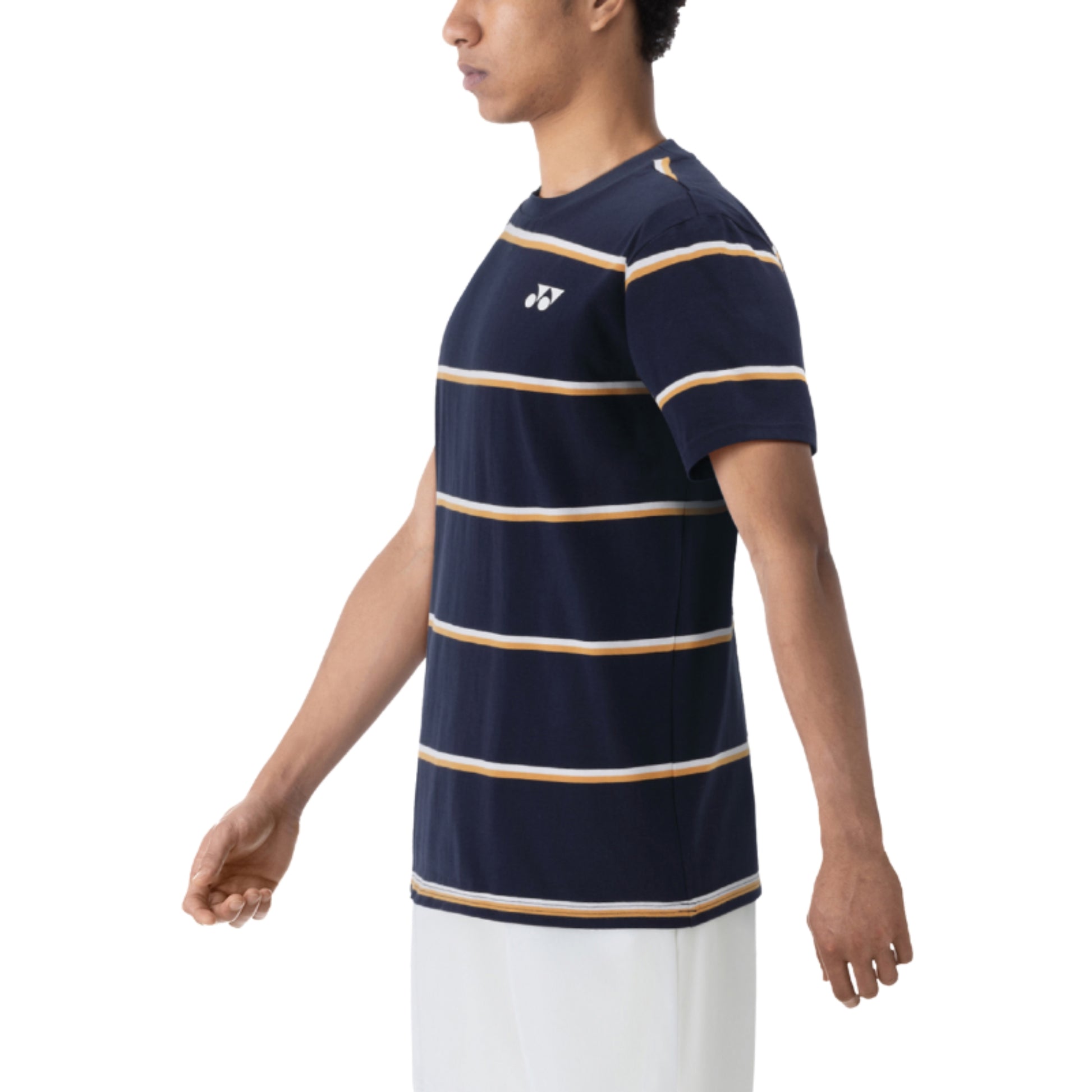 Person wearing a navy blue and gold striped Yonex shirt on a white background