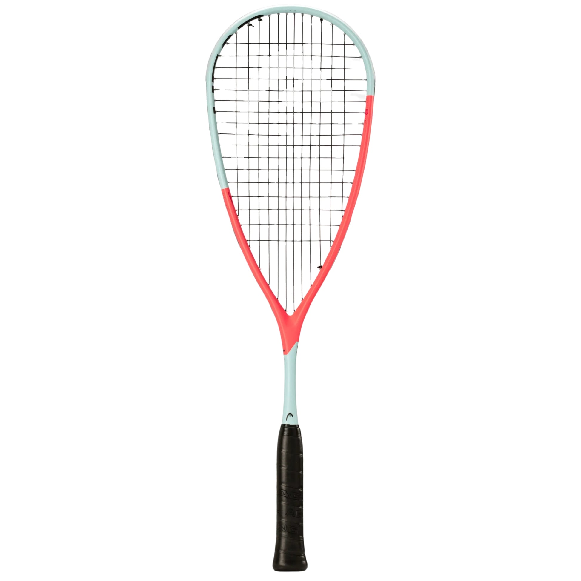 Squash racket with a orange and grey design on a white background