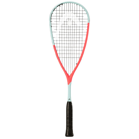 Squash racket with a orange and grey design on a white background