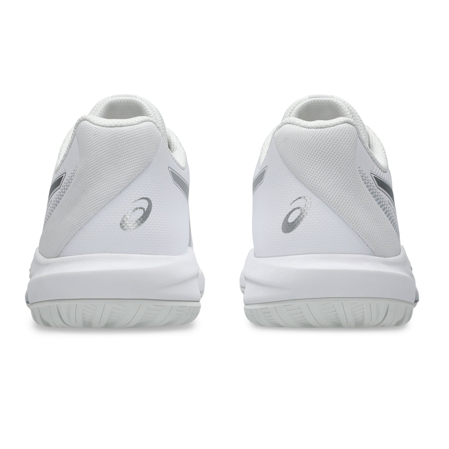 A pair of white Asics tennis shoes shown from the rear, featuring a textured mesh upper, white midsoles, and gray Asics logos on a clean white background.