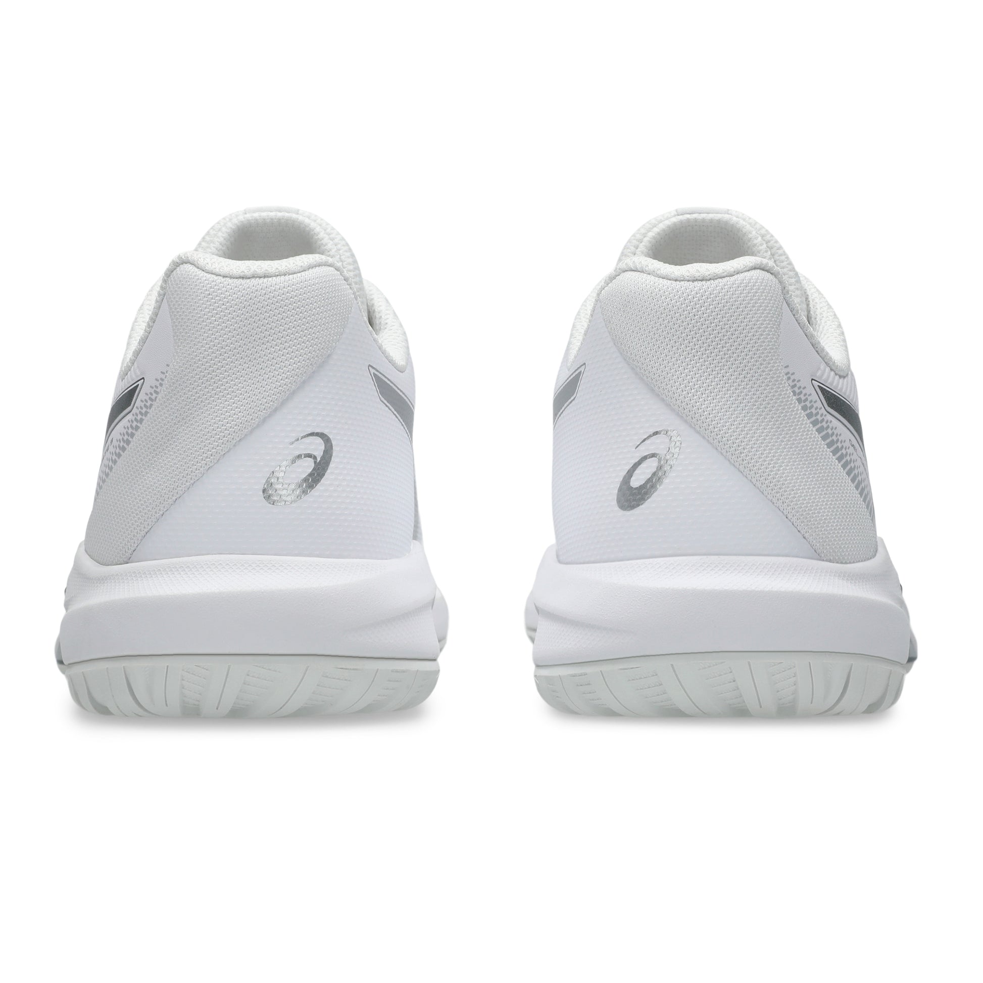 A pair of white Asics tennis shoes shown from the rear, featuring a textured mesh upper, white midsoles, and gray Asics logos on a clean white background.