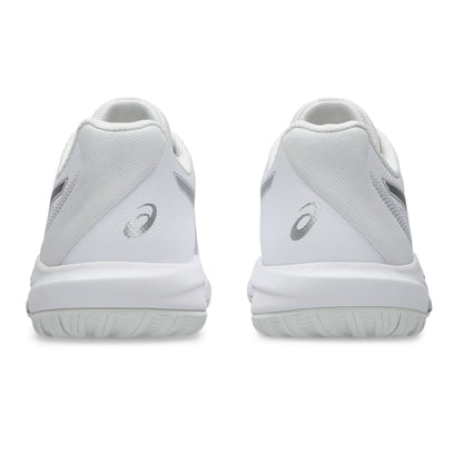 A pair of white Asics tennis shoes shown from the rear, featuring a textured mesh upper, white midsoles, and gray Asics logos on a clean white background.