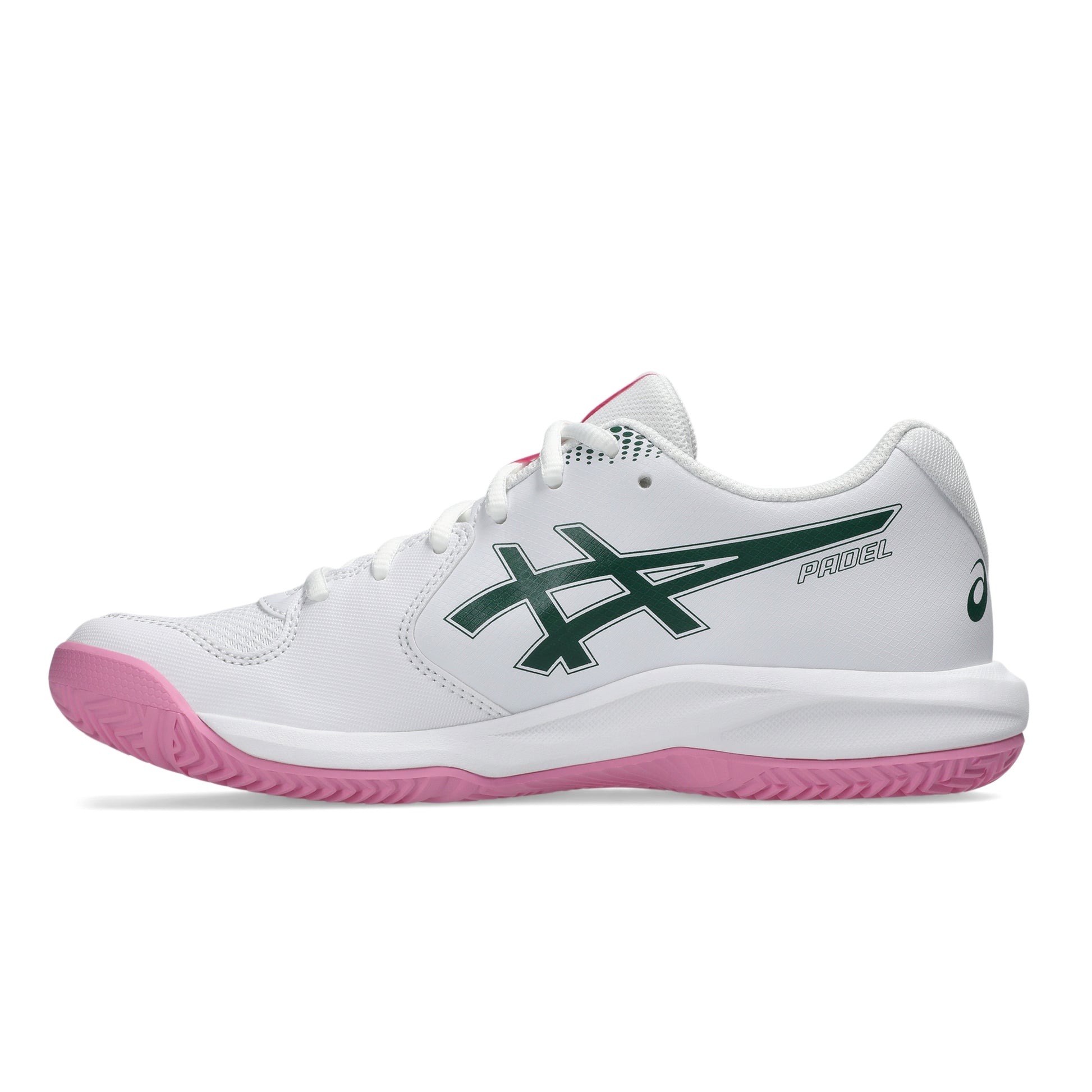 A white ASICS padel shoe with green and pink accents, shown in a side profile on a clean white background.