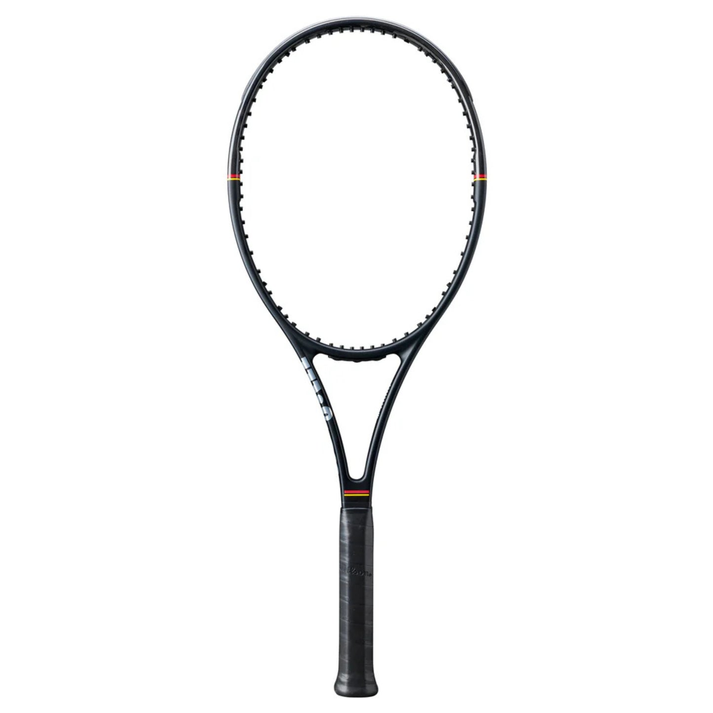 Tennis racket with a black frame on a white background