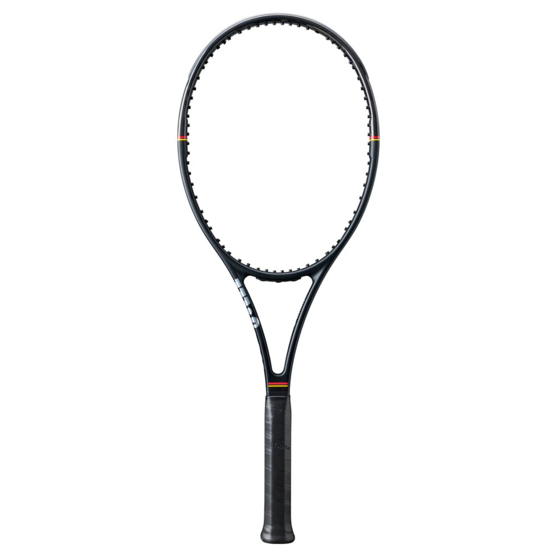 Tennis racket with a black frame on a white background