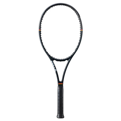 Tennis racket with a black frame on a white background