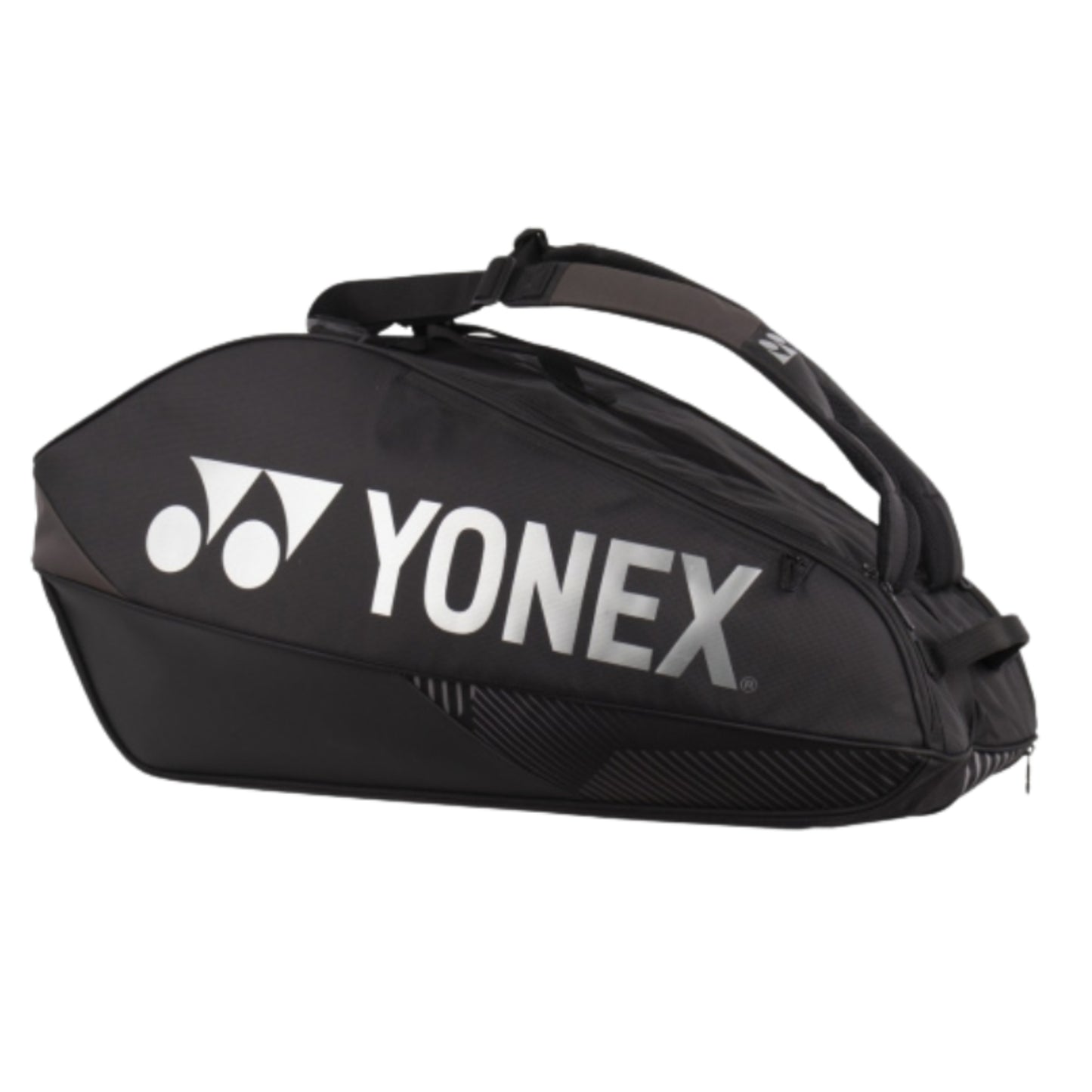Black Yonex tennis bag on a white background