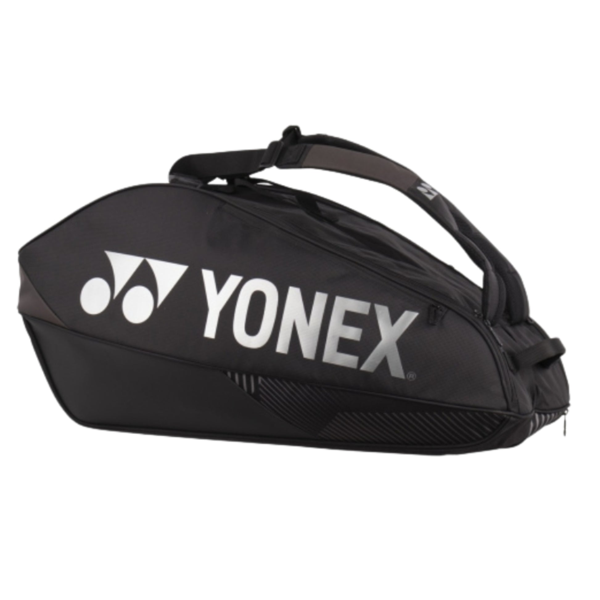Black Yonex tennis bag on a white background