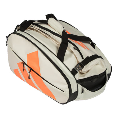 White adidas racket bag with orange accents on a white background