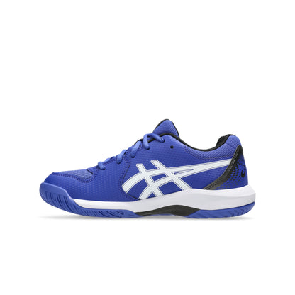 Blue and white Asics tennis shoe with white logo on a white background