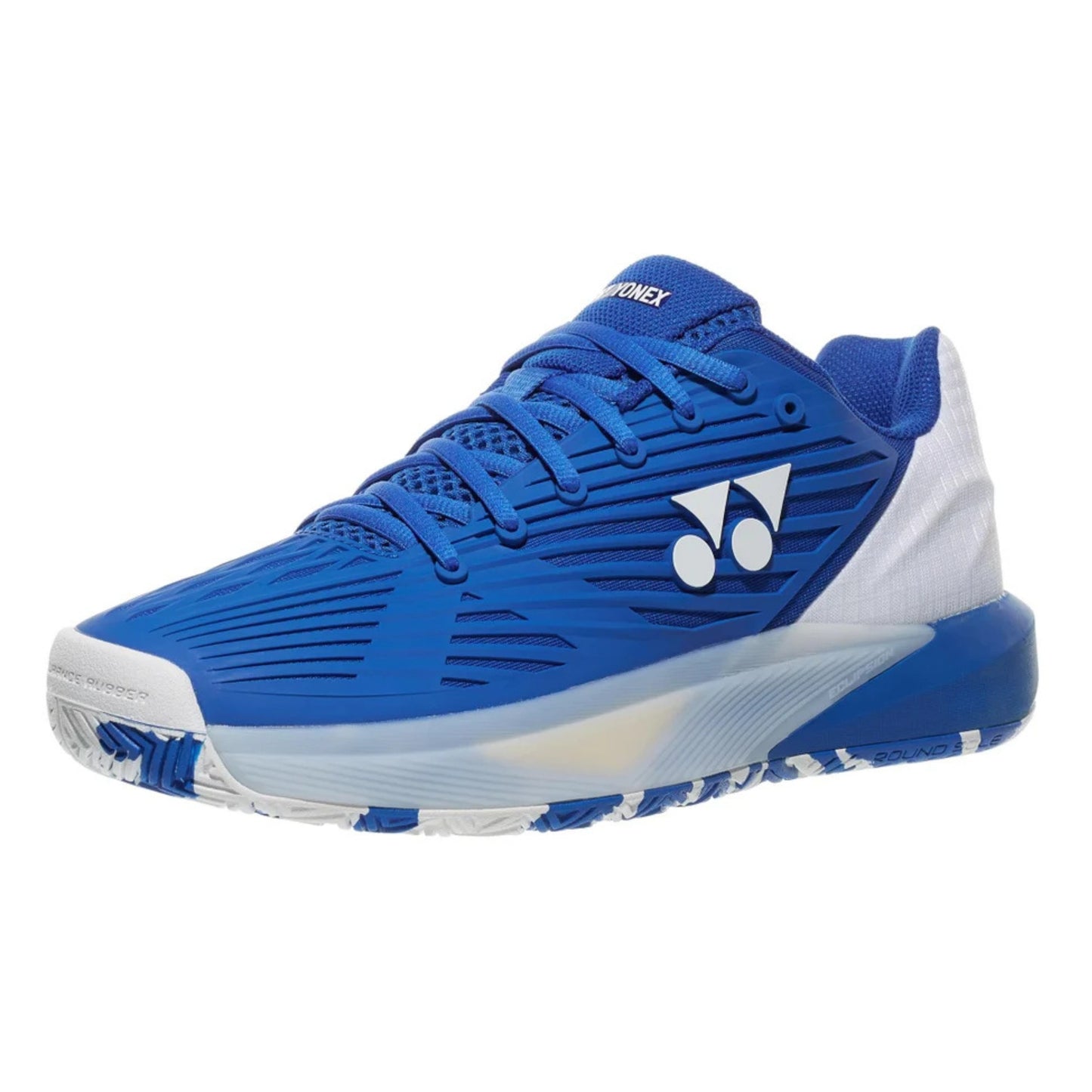 Blue Yonex tennis shoe with white sole on a white background