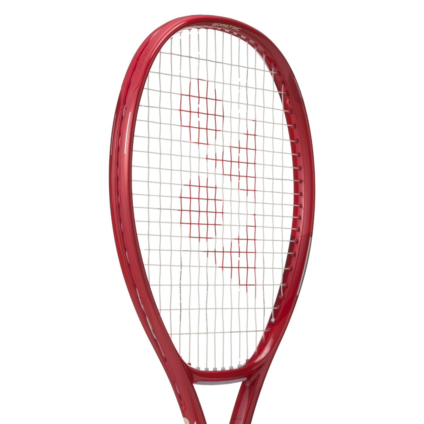 Red Yonex tennis racket on a white background
