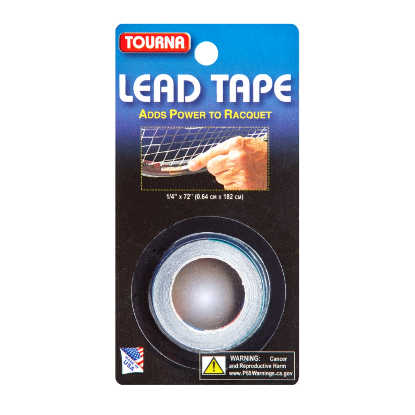 Packaged lead tape for tennis racquets with Tourana branding on a white background