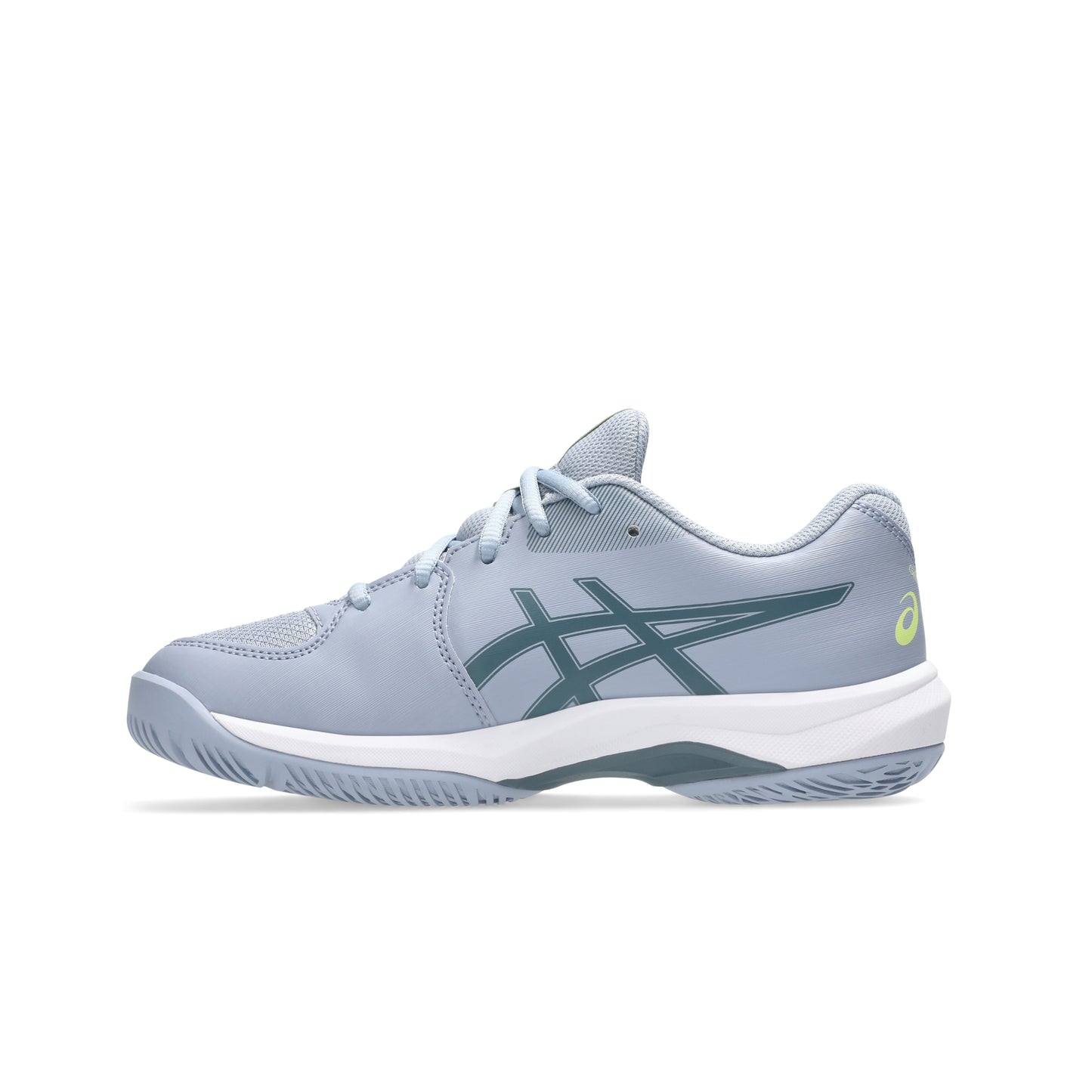 Gray tennis kids shoe with white sole on a white background