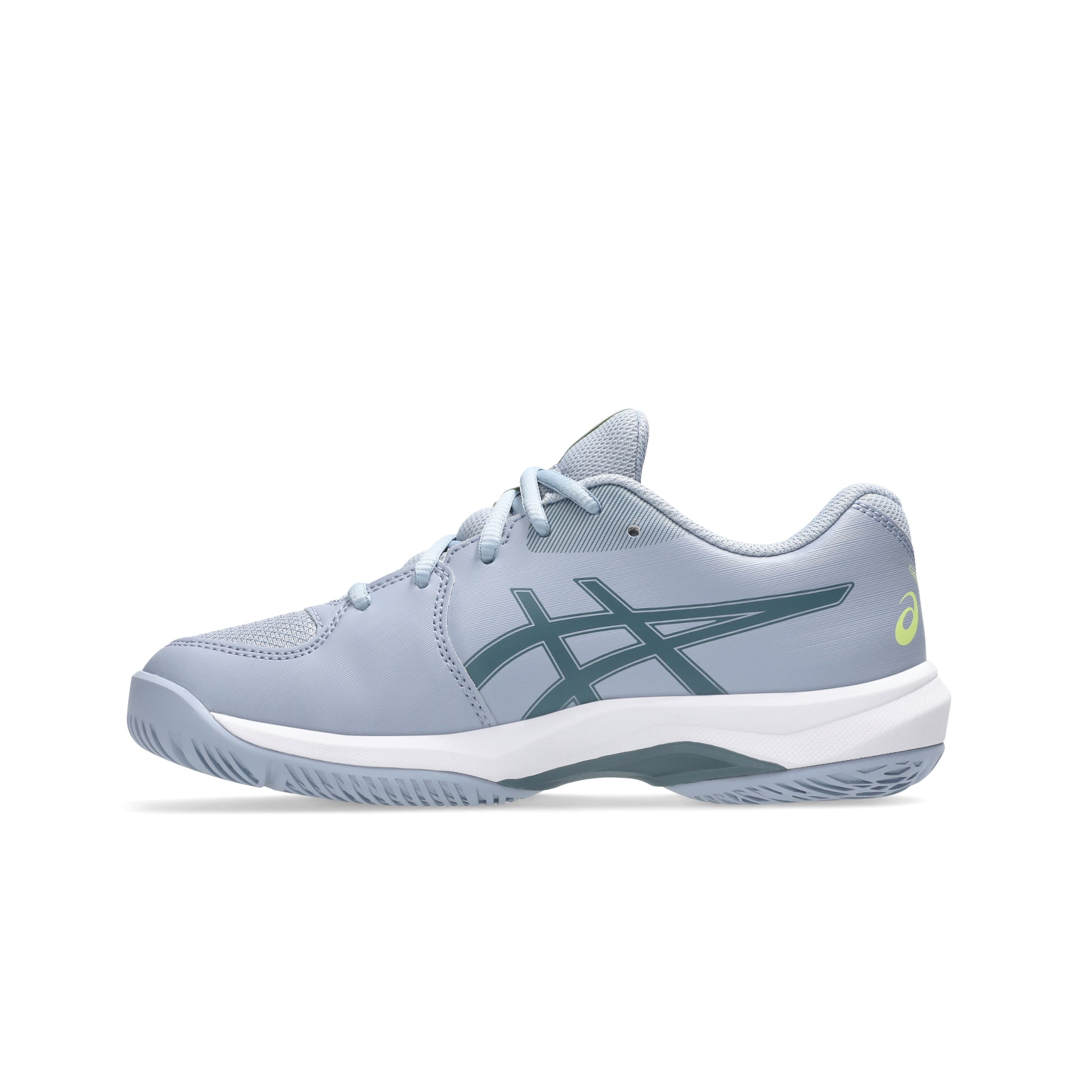 Gray tennis kids shoe with white sole on a white background
