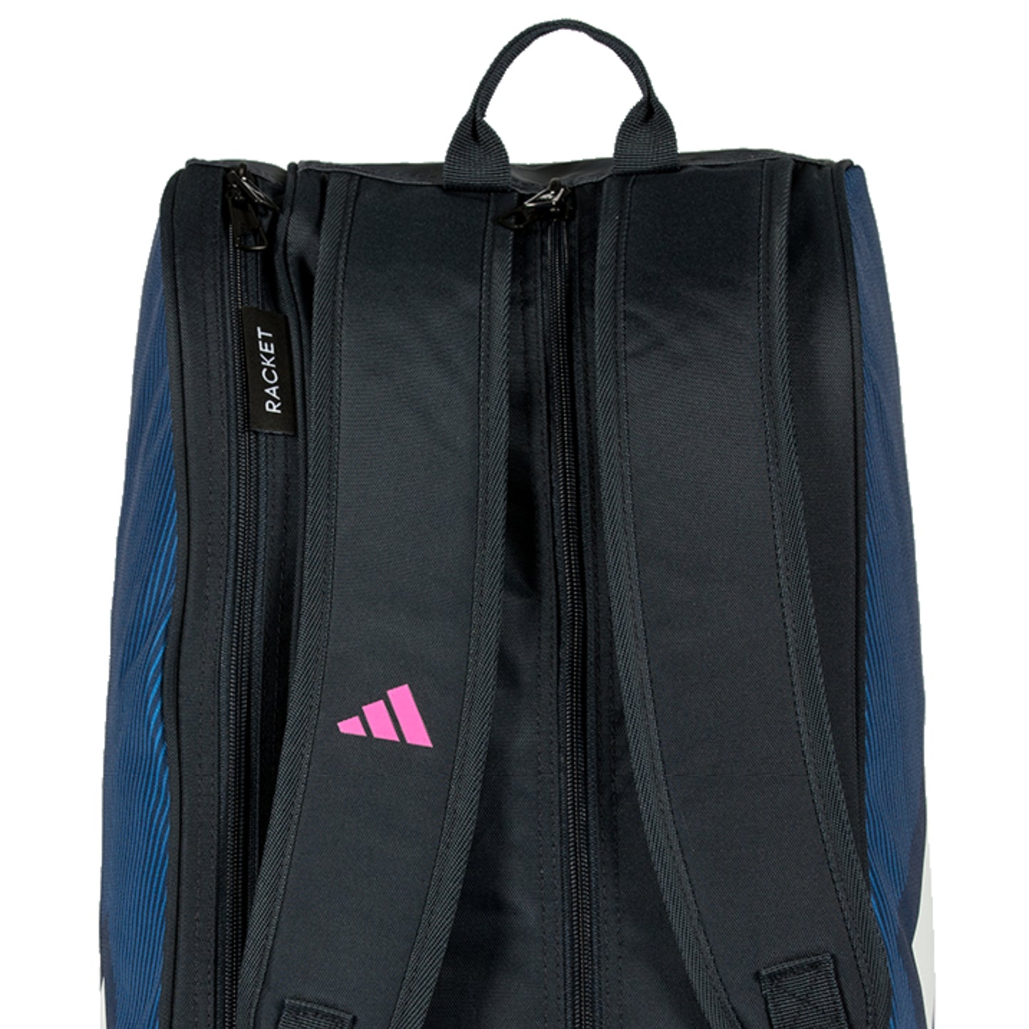 Black and blue racket bag with Adidas logo on a white background