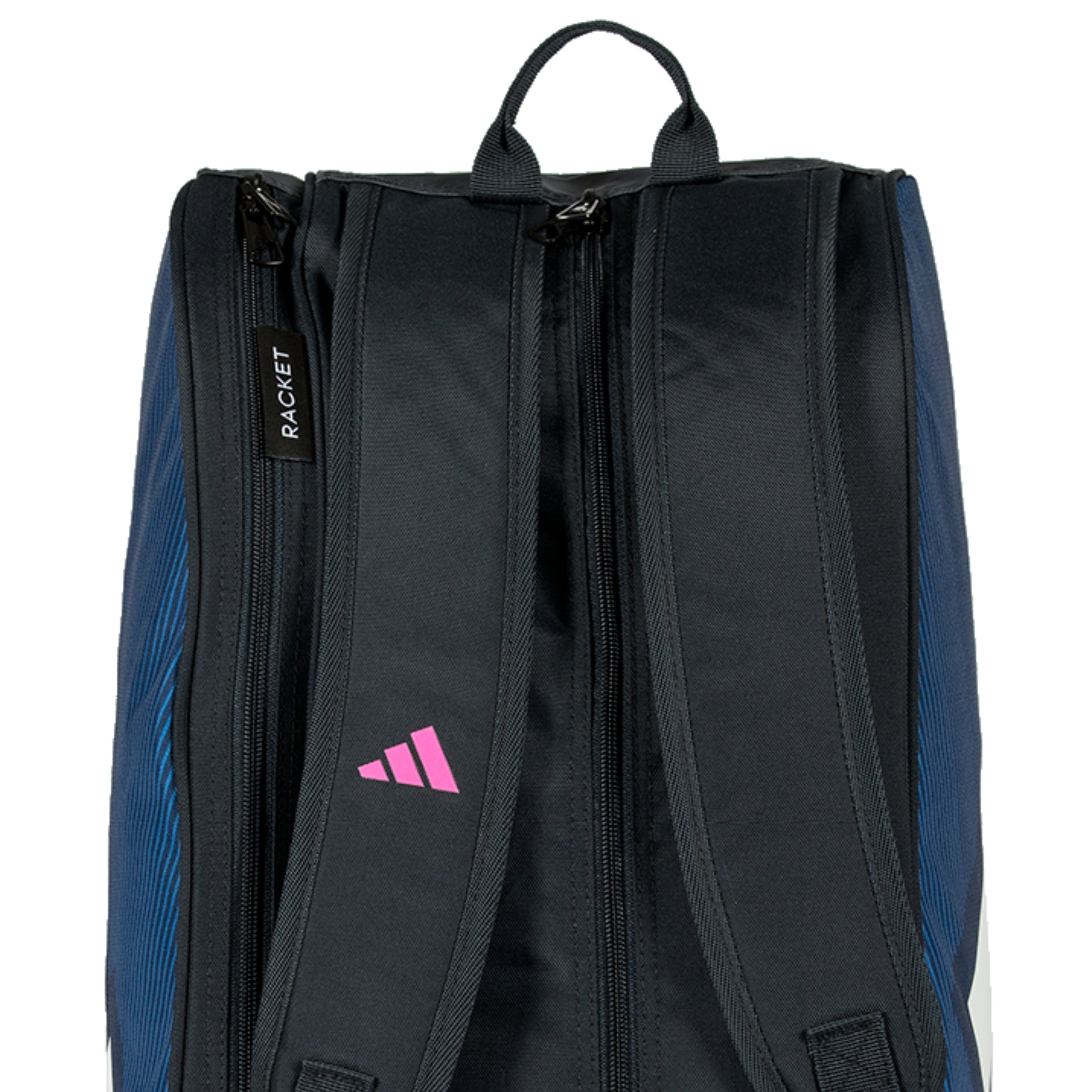 Black and blue racket bag with Adidas logo on a white background