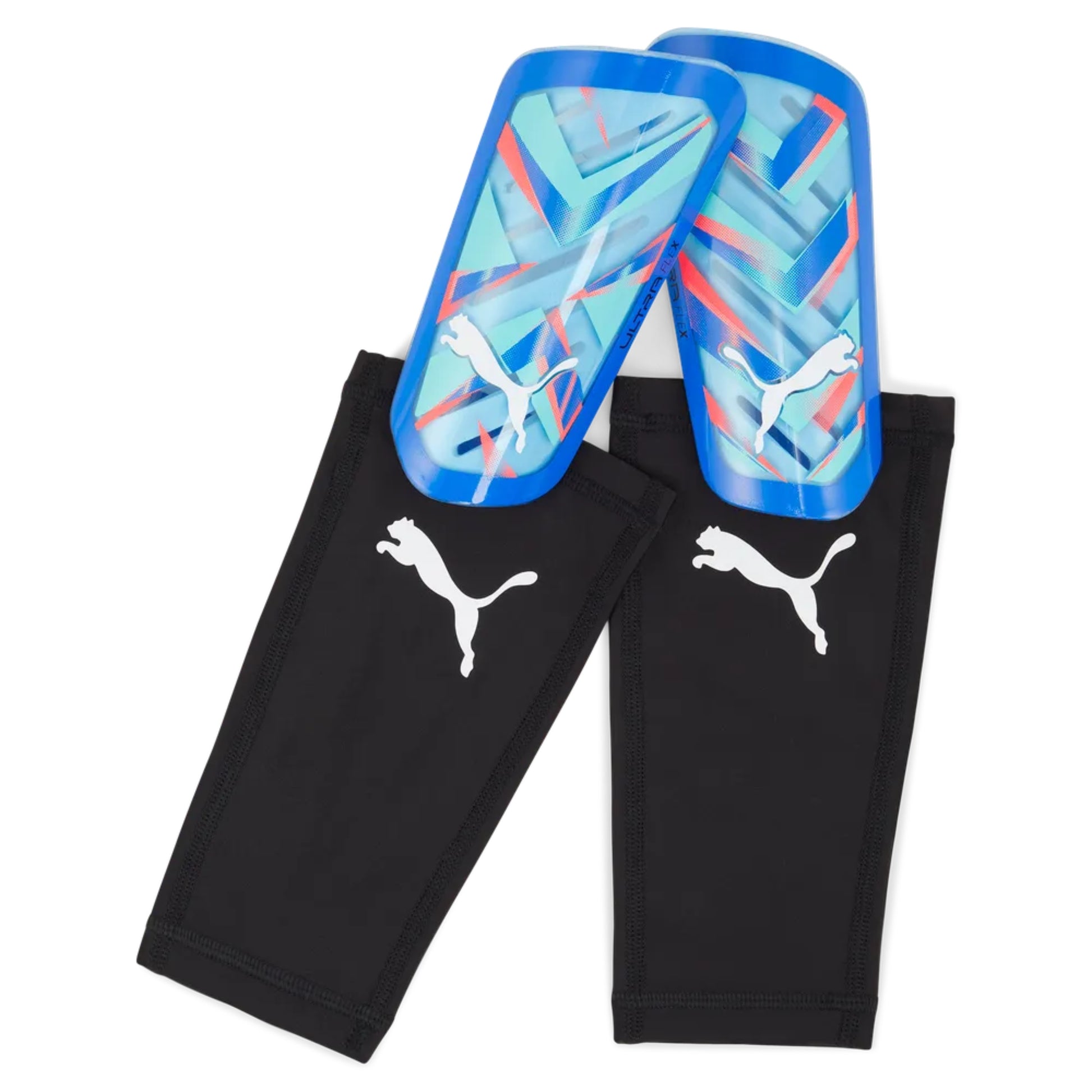 Blue shin guards with colorful pattern on black leggings featuring Puma logo