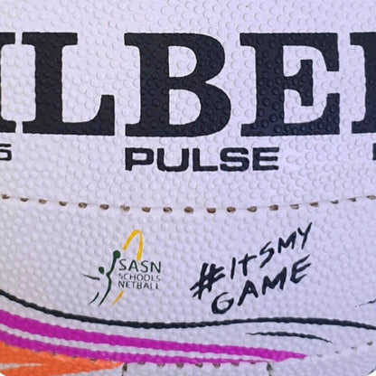 Close-up of a netball ball branding and '#itsmygame' text.
