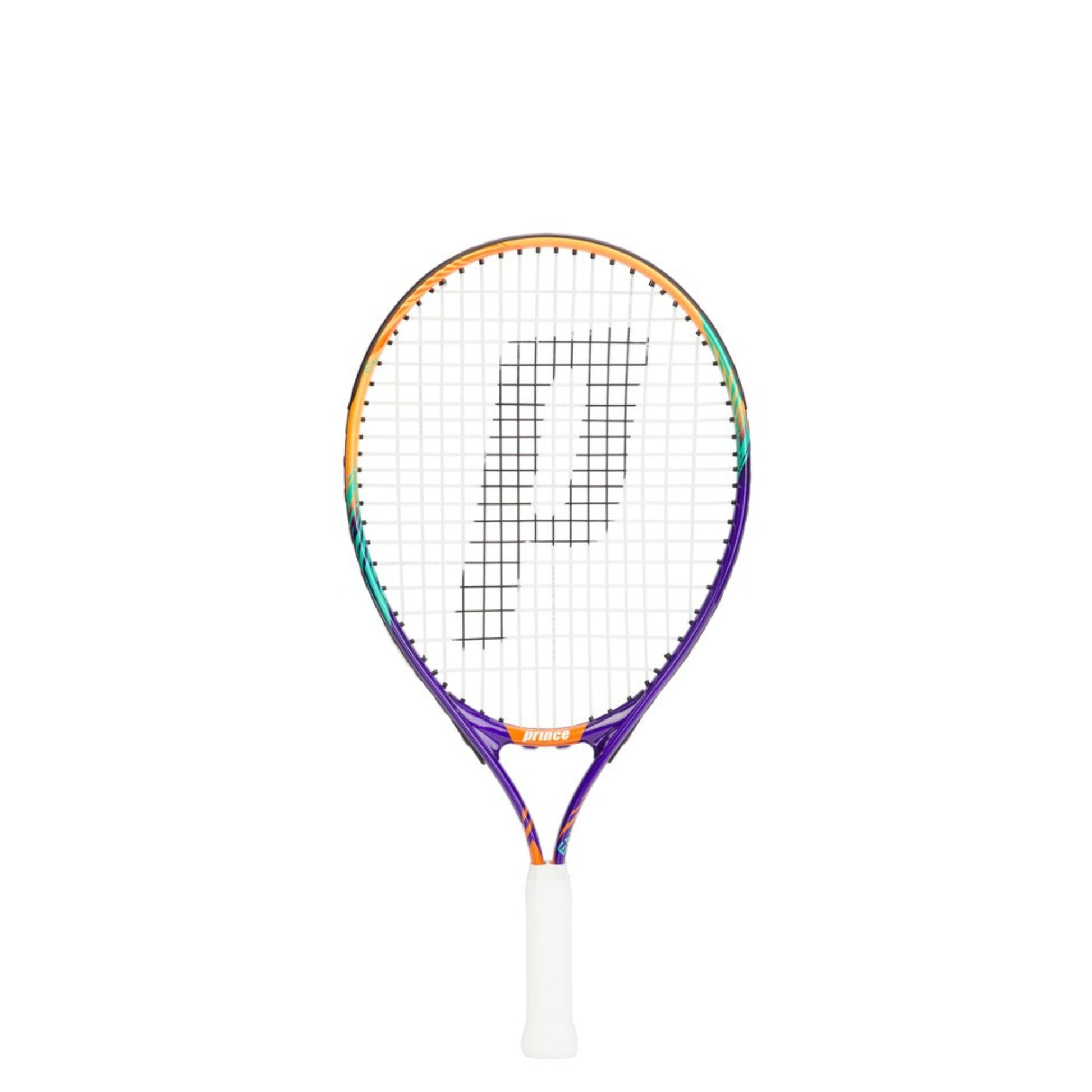 Tennis racket with a colorful frame and white handle on a white background