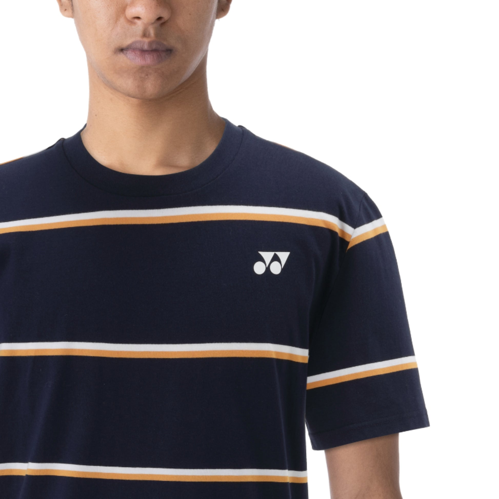 Navy t-shirt with white and orange stripes featuring a logo on a white background