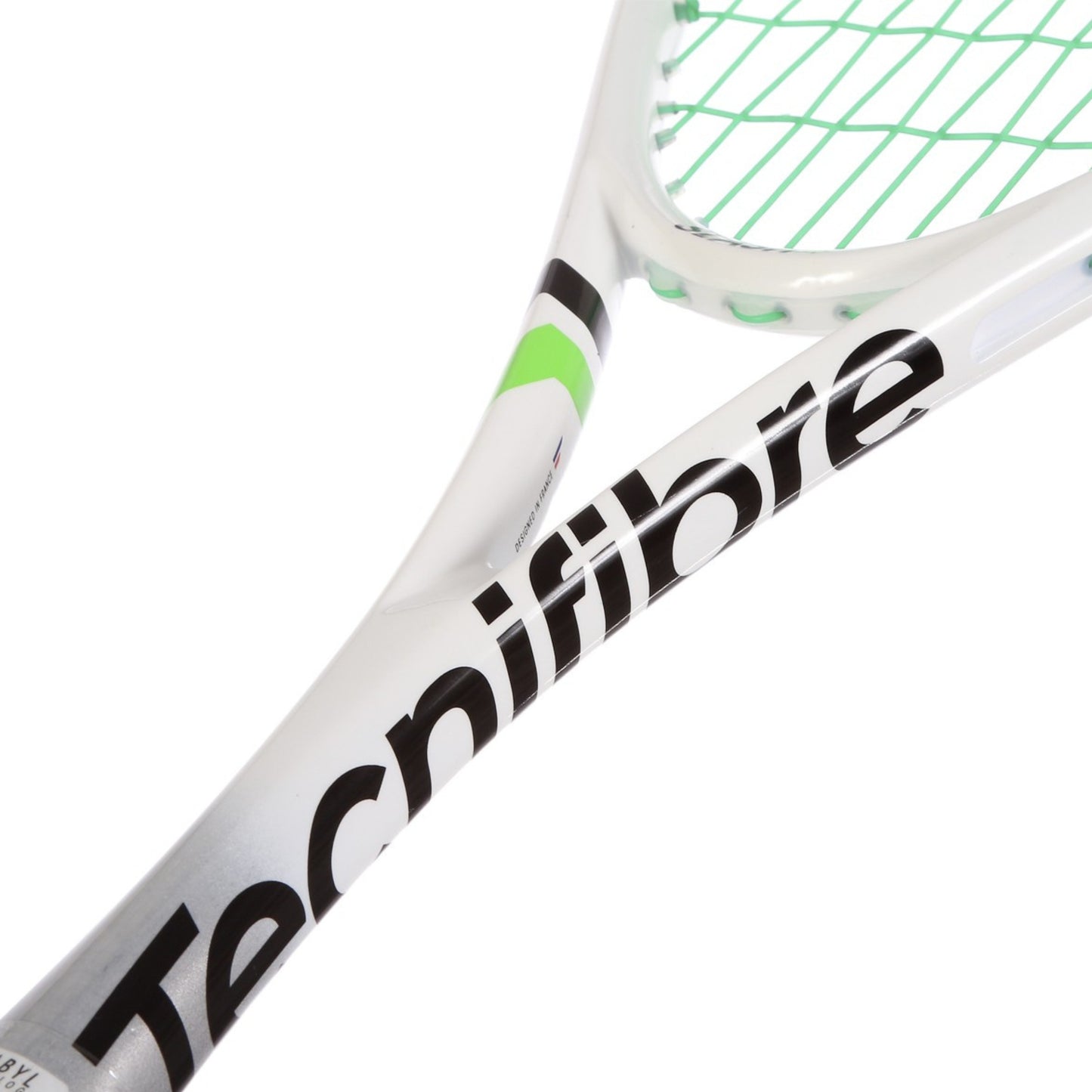 Close-up of a Tecnifibre squash racket showing the white frame, black brand lettering, and light green strings against a white background.