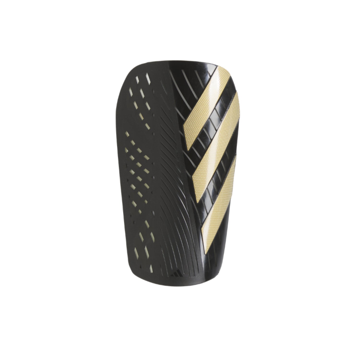 Black shin guard with gold stripes on a white background