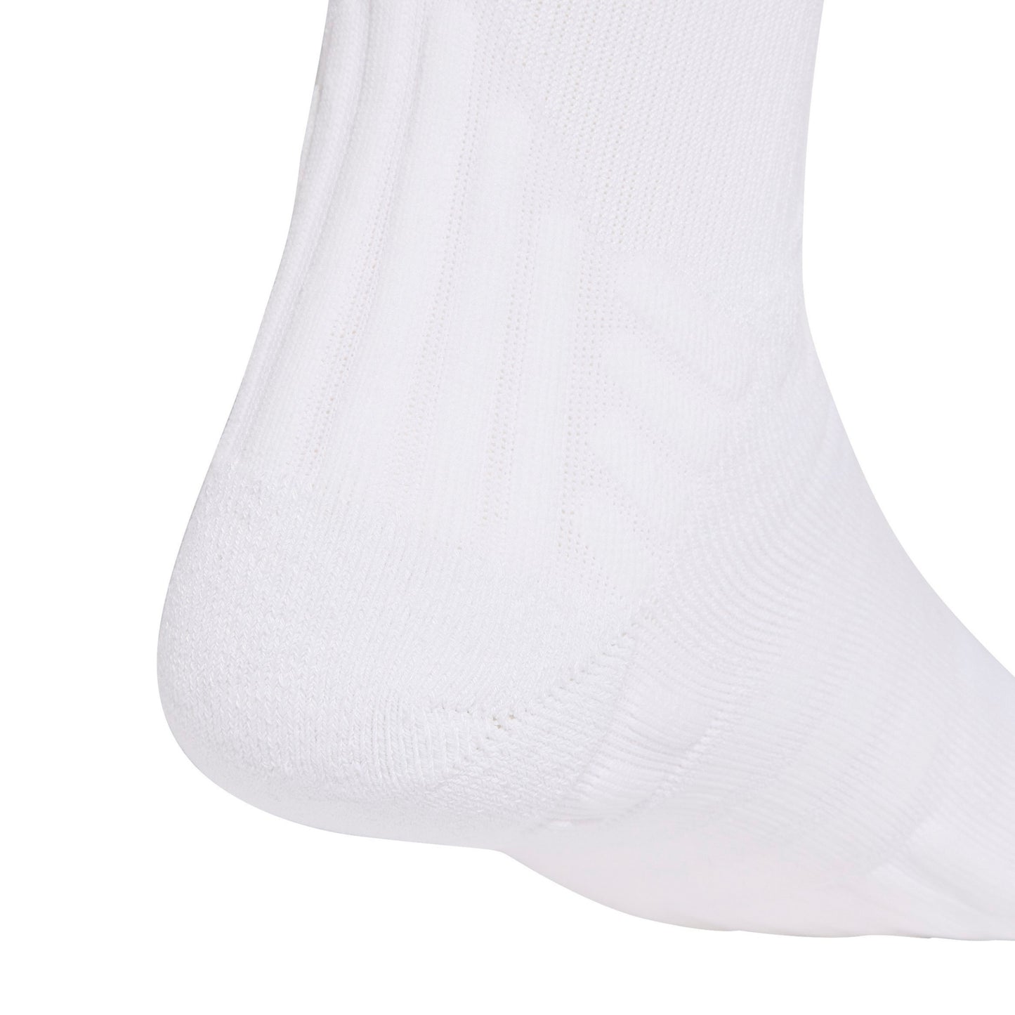 A close-up of a white athletic sock showing the textured knit pattern on the side of the leg, set against a solid white background.