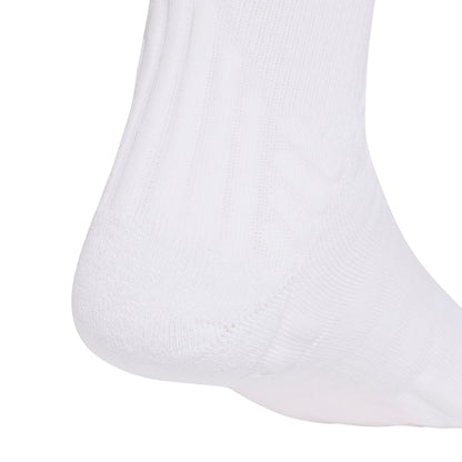 A close-up of a white athletic sock showing the textured knit pattern on the side of the leg, set against a solid white background.