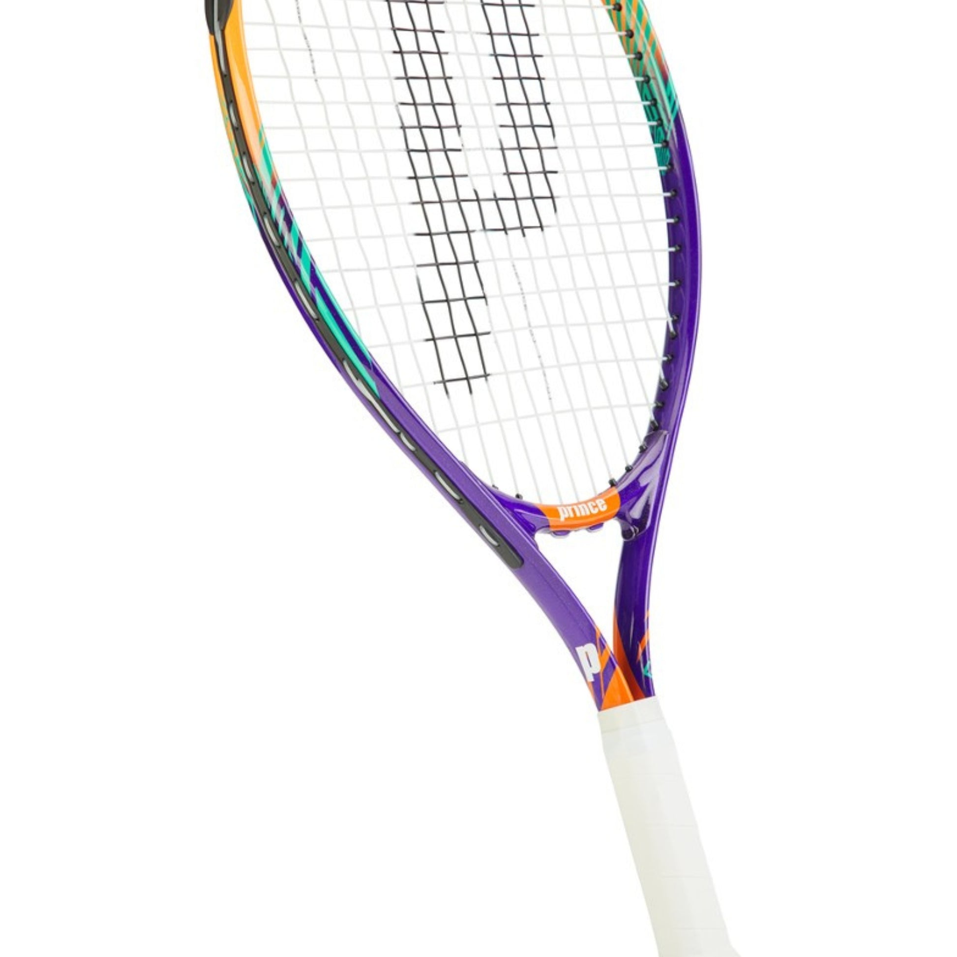 Close-up of a tennis racket with a white handle on a white background