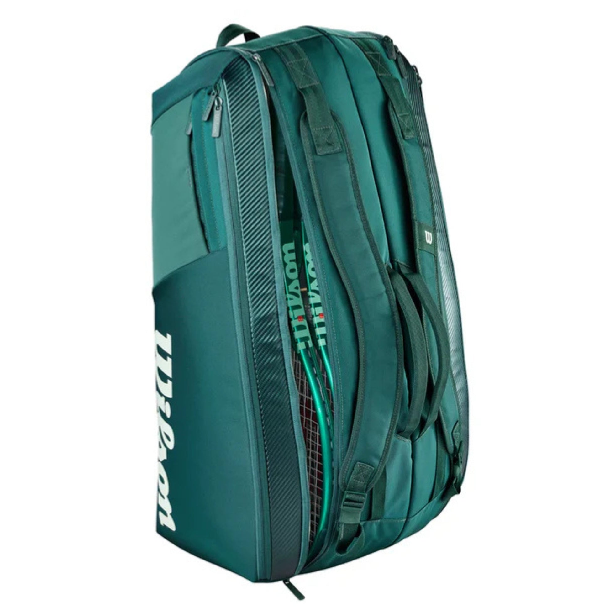 Green tennis racket bag with Wilson logo on a white background