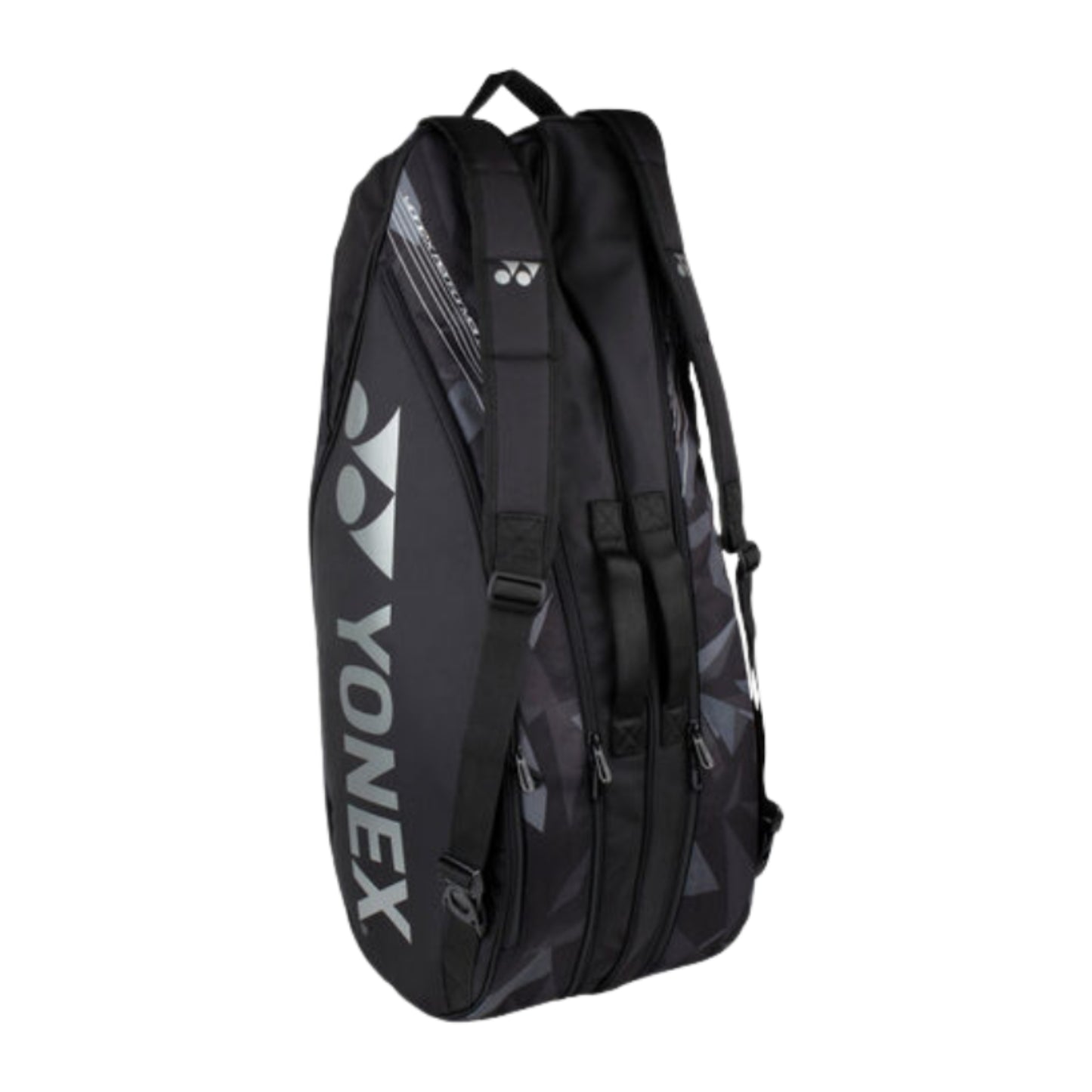 Black Yonex tennis bag on a white background