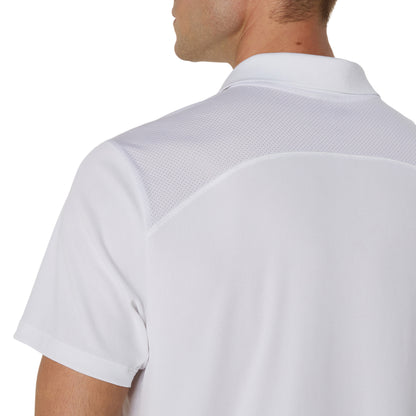White polo shirt worn by a person on a white background