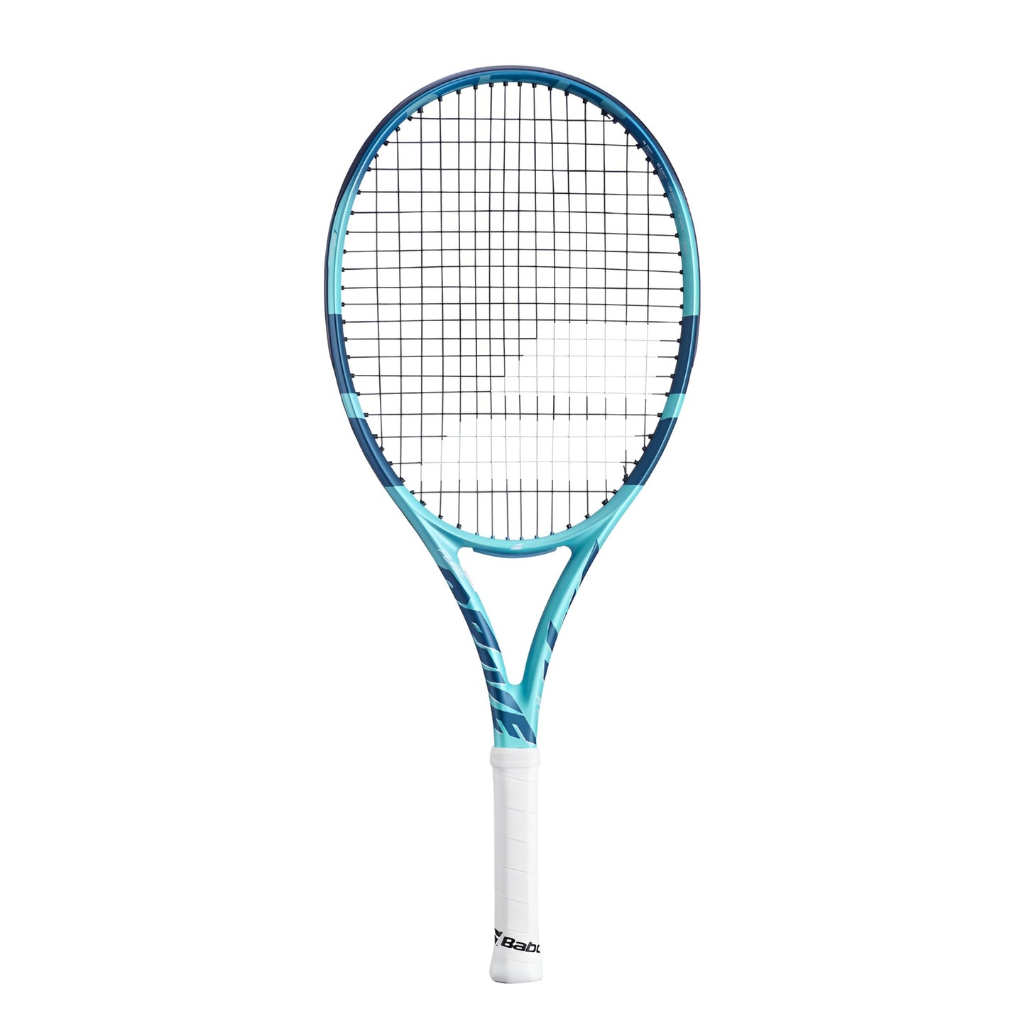 Babolat tennis racket with blue and white design on a white background