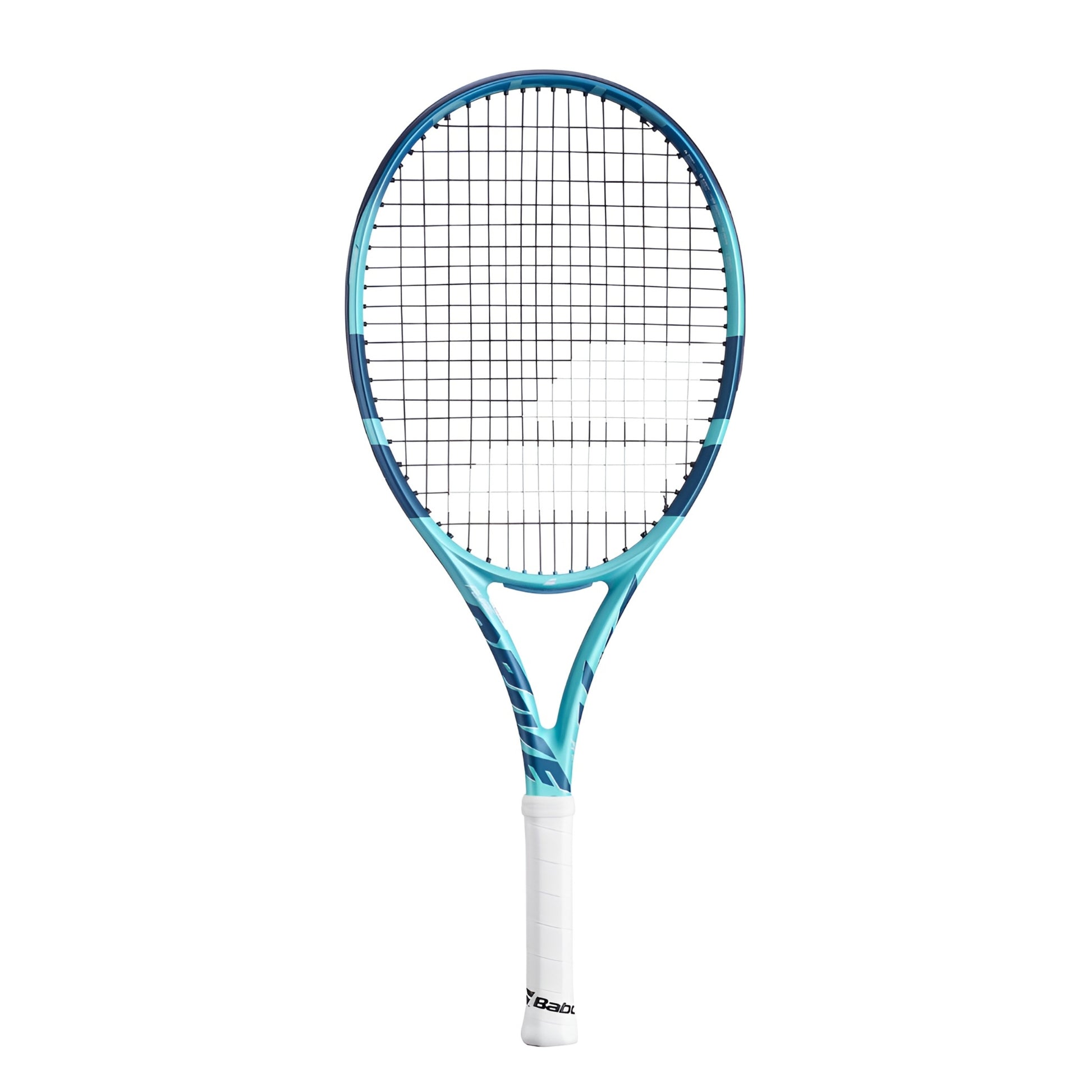 Babolat tennis racket with blue and white design on a white background