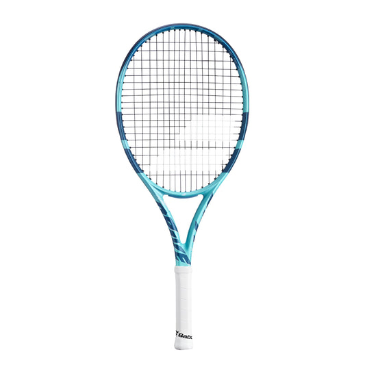 Babolat tennis racket with blue and white design on a white background