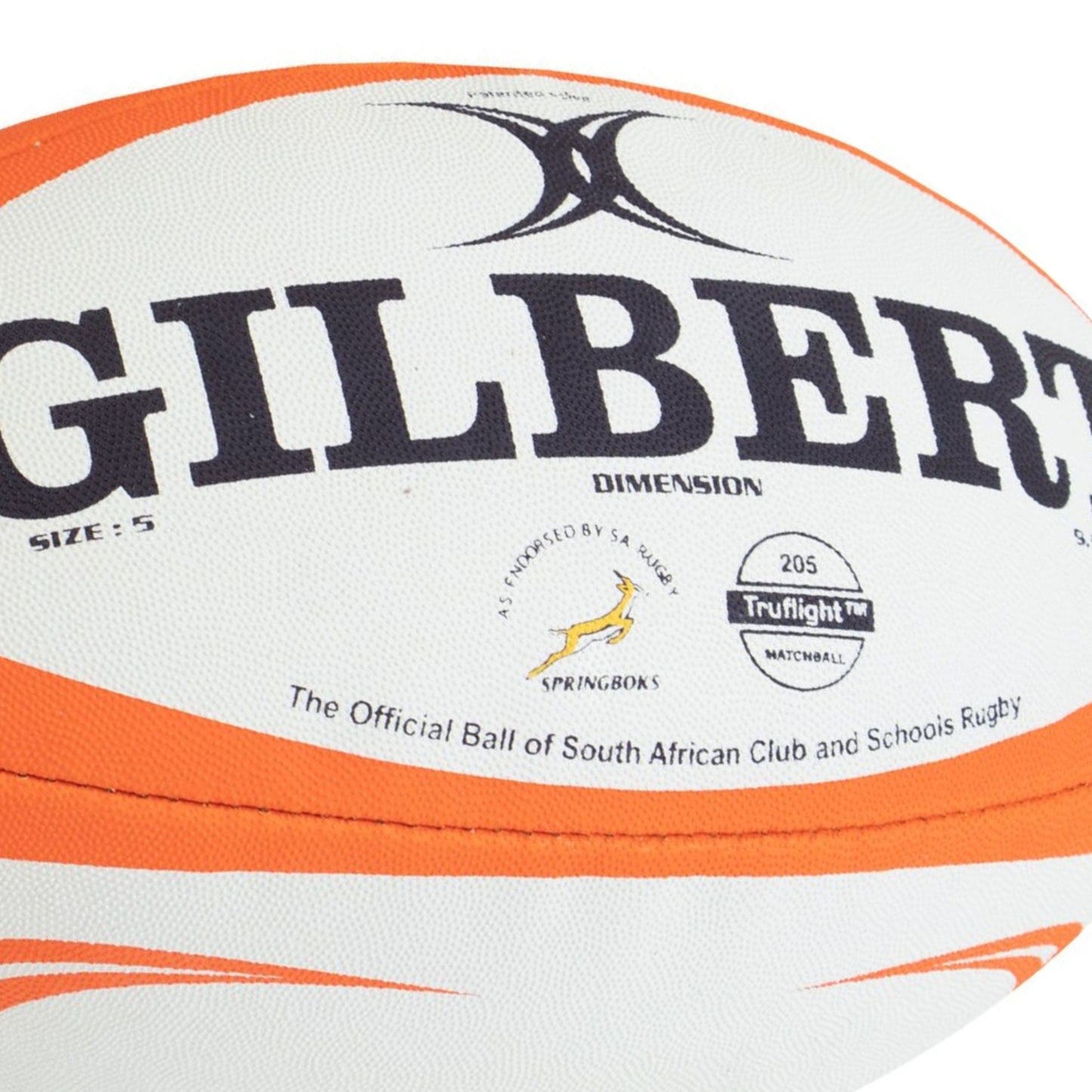Close-up of a rugby ball with 'Gilbert' branding and logos on a white background