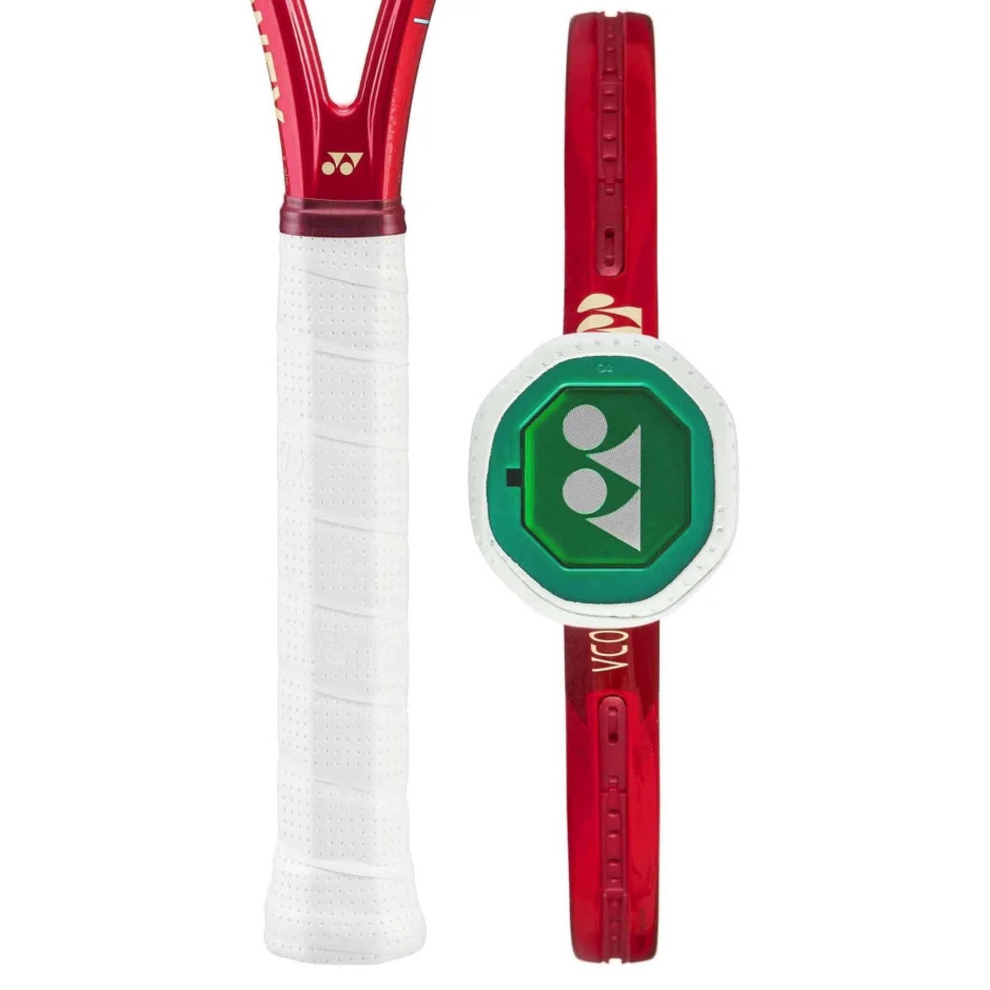 Red tennis racket with white handle and green logo on a white background