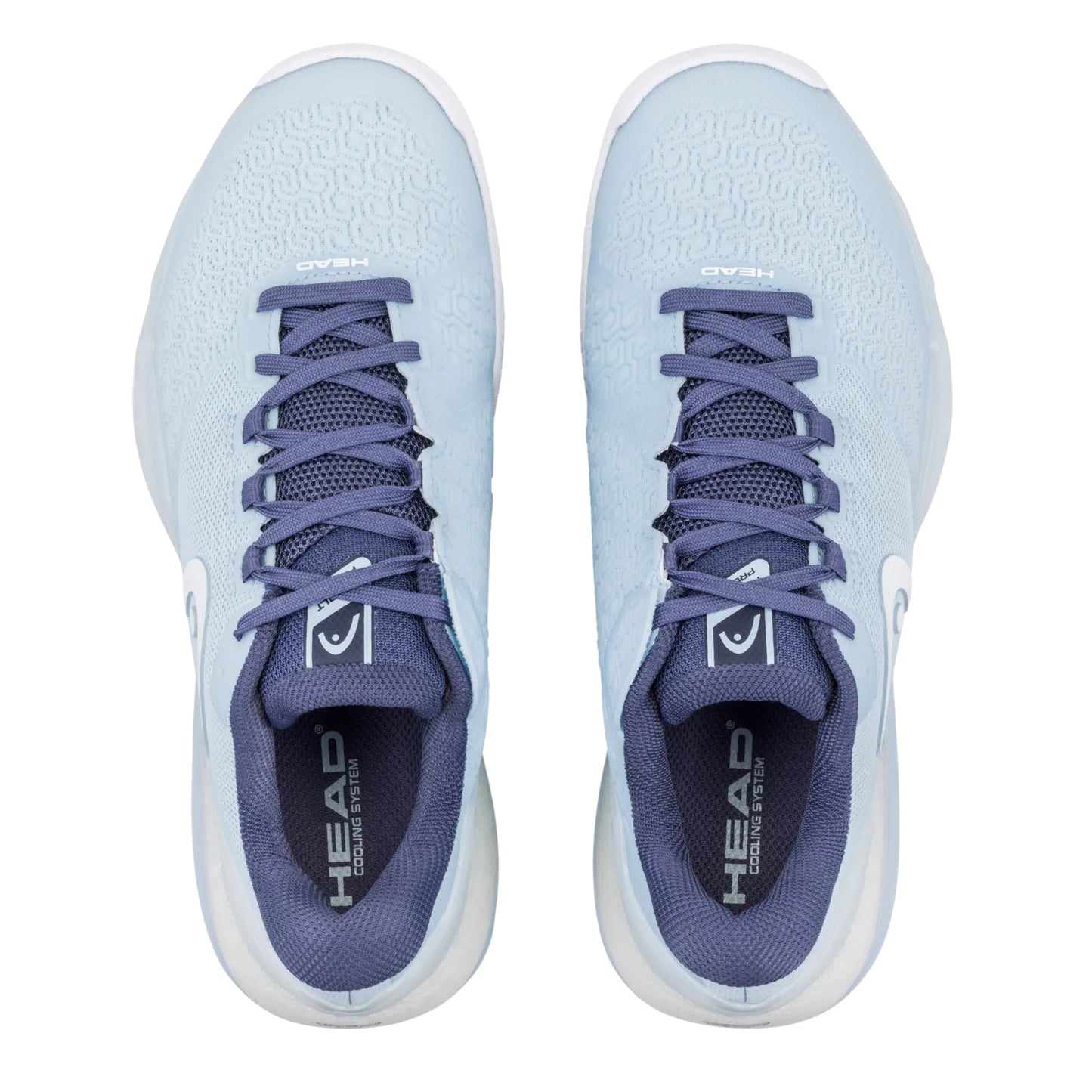 Pair of light blue Head tennis shoes with dark blue accents on a white background