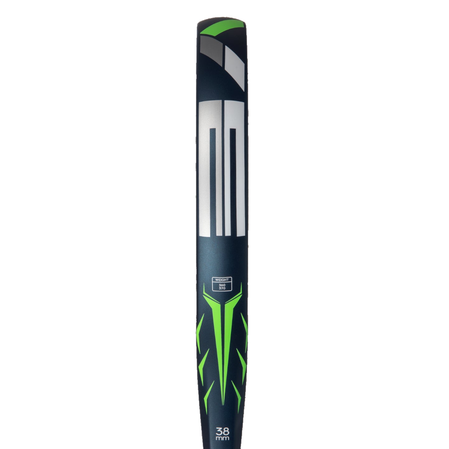 Black and green padel racket with visible branding on a white background