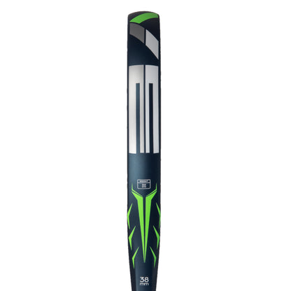 Black and green padel racket with visible branding on a white background