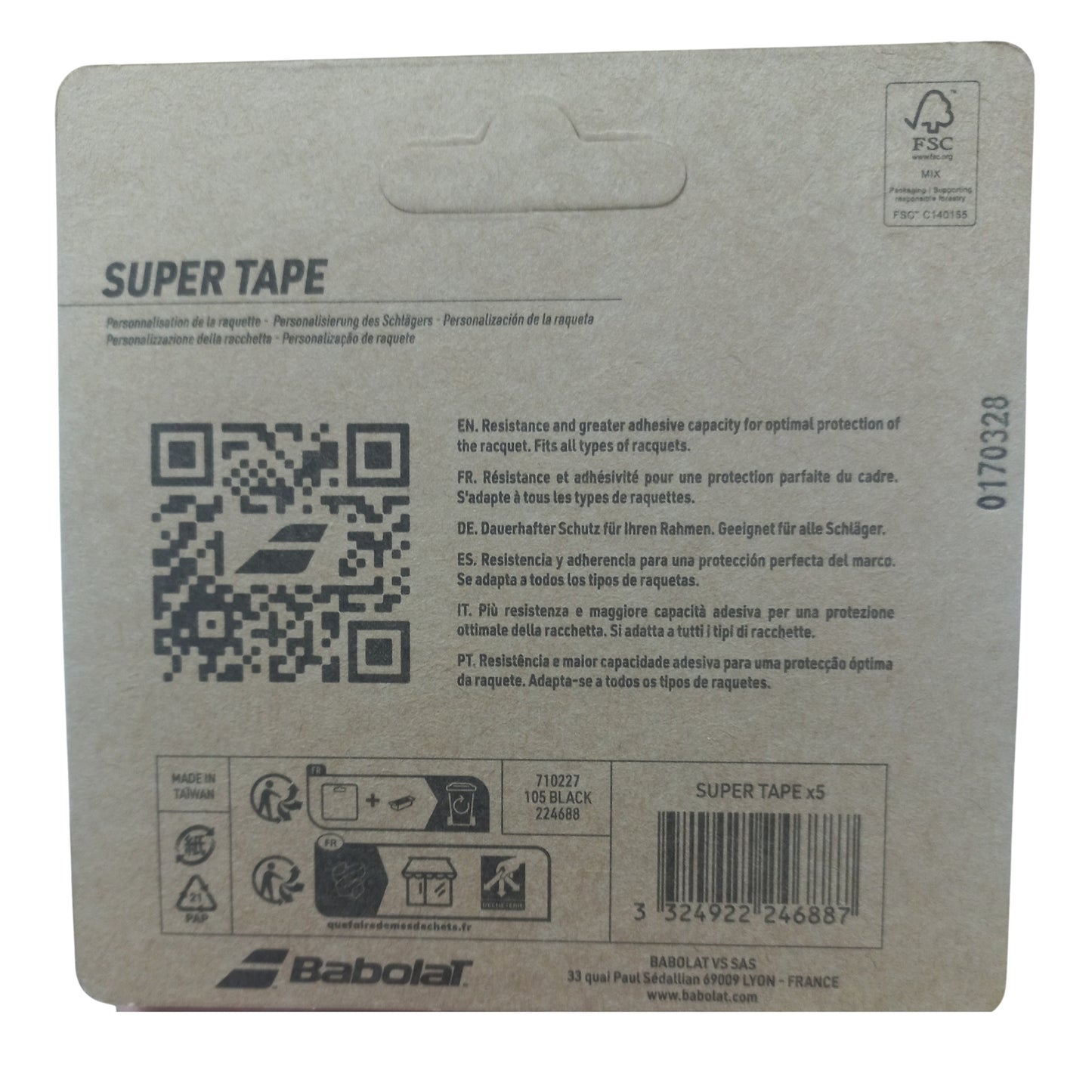 Info of Babolat tape protective packaging on a white background