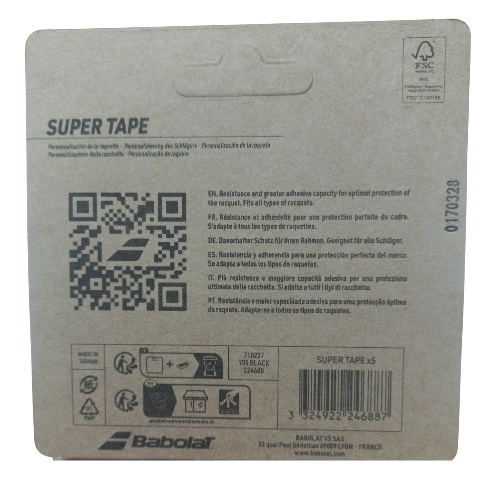 Info of Babolat tape protective packaging on a white background