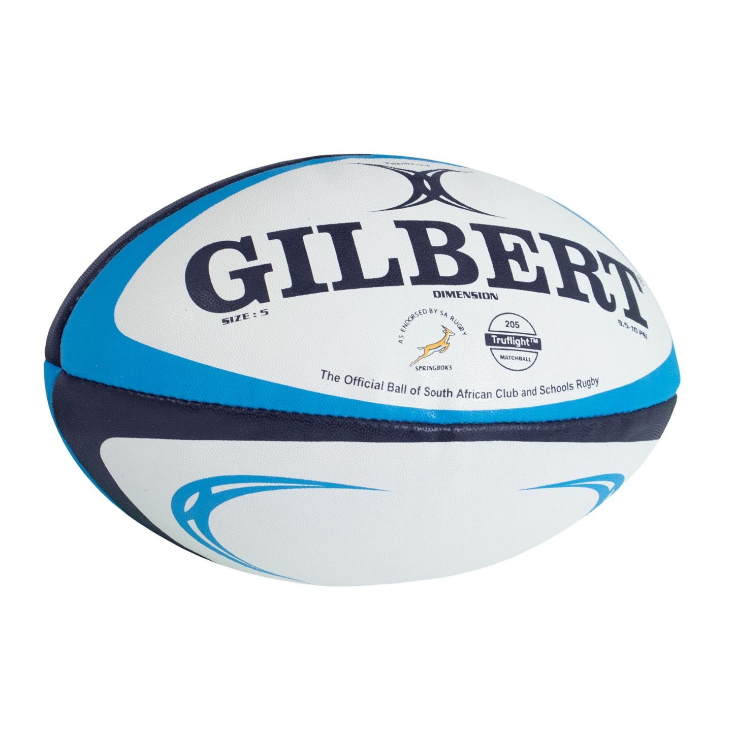 Gilbert rugby ball with blue and white design on a white background