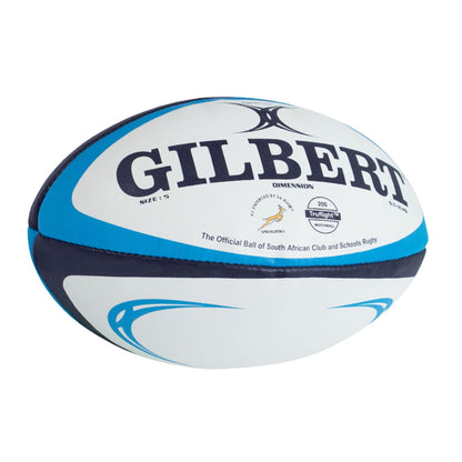 Gilbert rugby ball with blue and white design on a white background