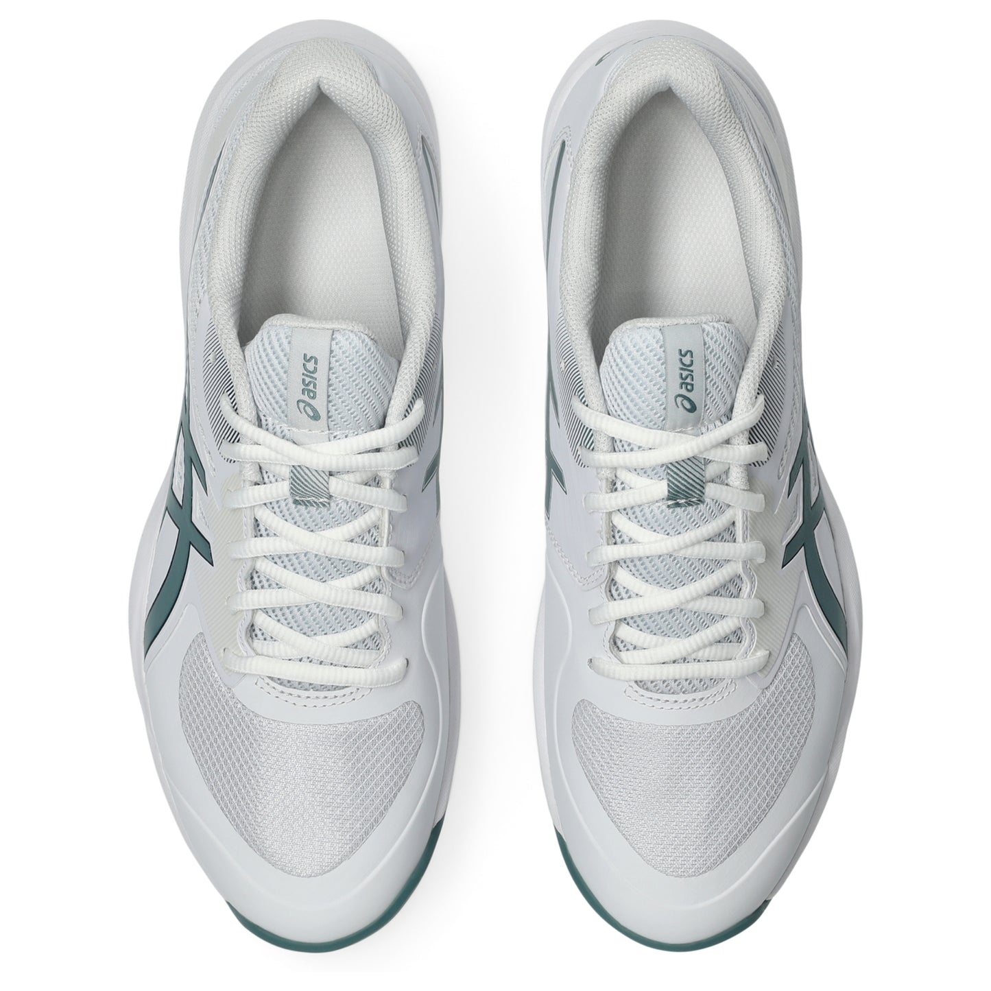 A pair of white Asics tennis shoes shown from a top-down view on a clean white background.