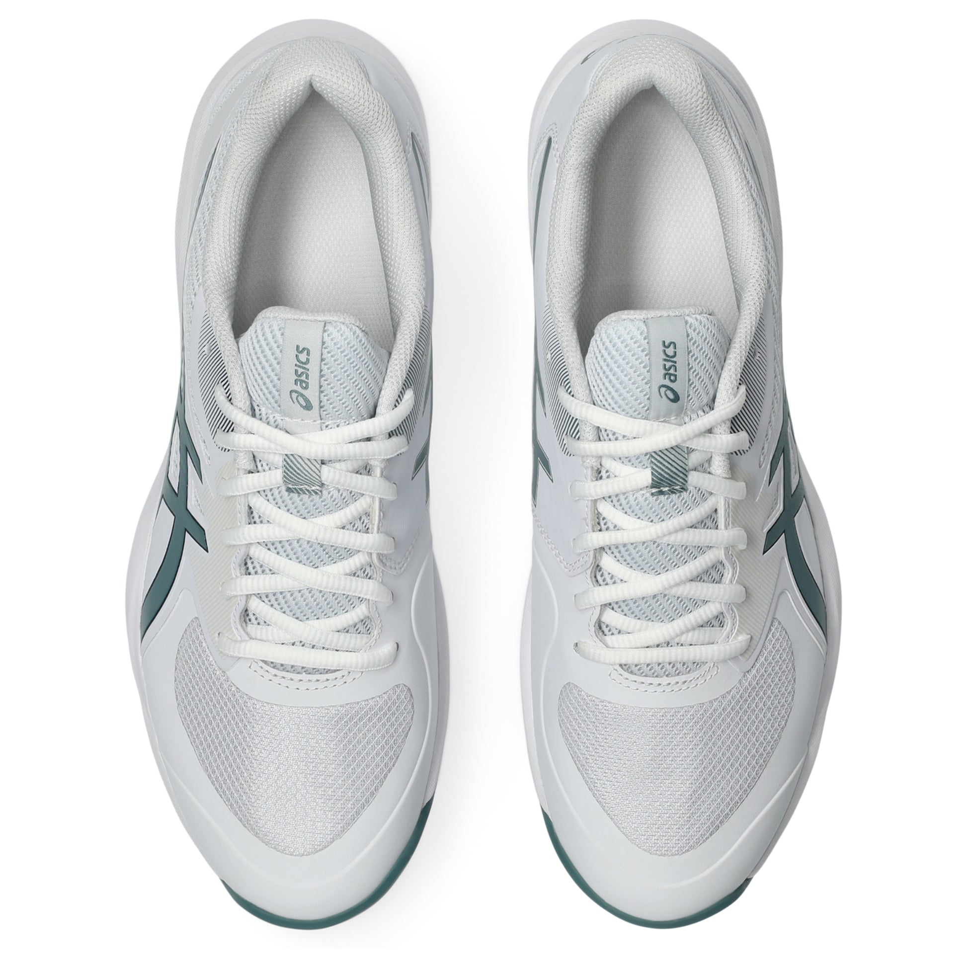 A pair of white Asics tennis shoes shown from a top-down view on a clean white background.