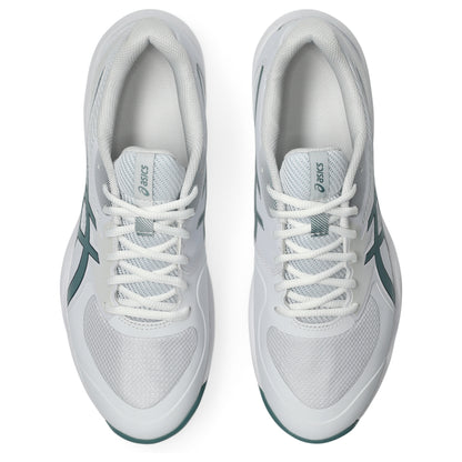 A pair of white Asics tennis shoes shown from a top-down view on a clean white background.