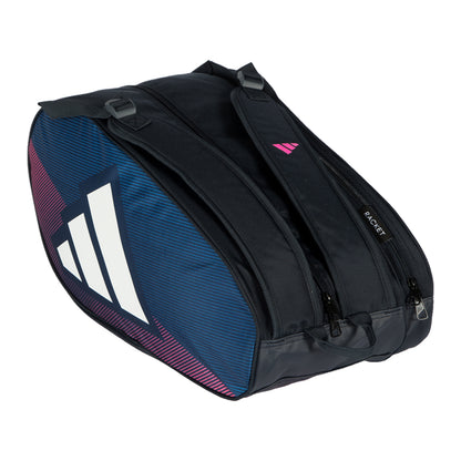 Blue and black sports bag with Adidas logo on a white background