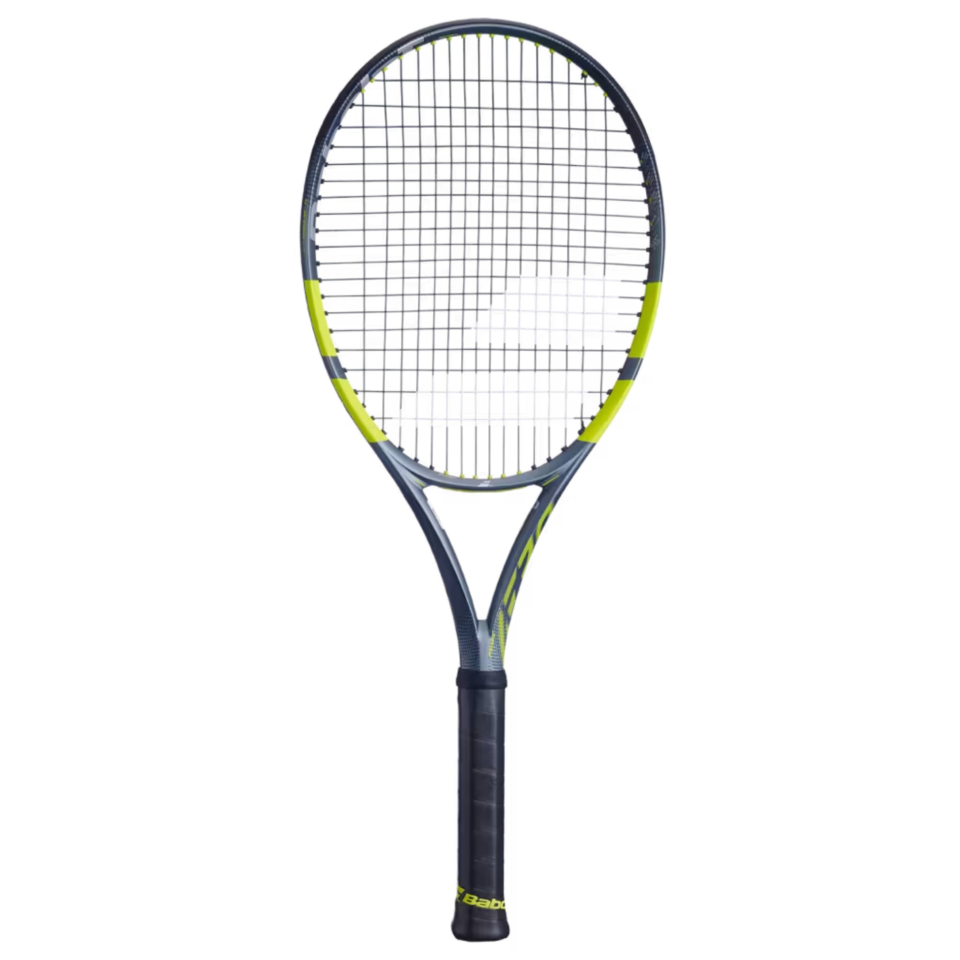 Tennis racket with black and yellow design on a white background